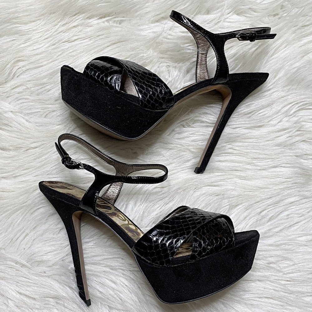 Sam Edelman Mason Embossed Leather Strappy Sandal in Black - Picture 3 of 13